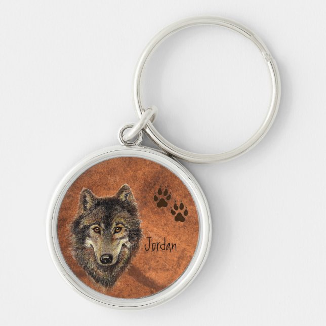 Custom Name Personalised Wolf & Tracks Keychain (Front)