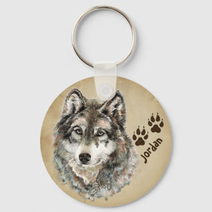Custom Name Personalised Wolf & Tracks Keychain