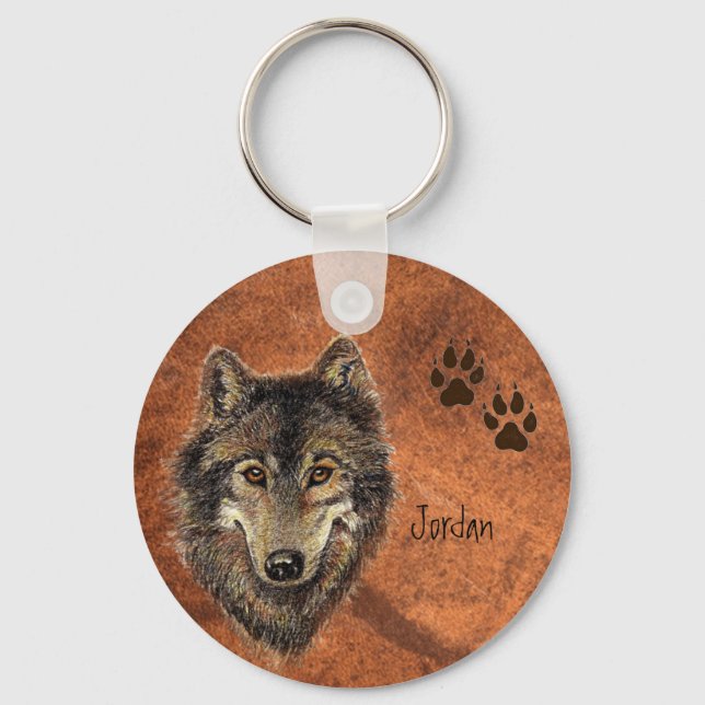 Custom Name Personalised Wolf & Tracks Keychain (Front)