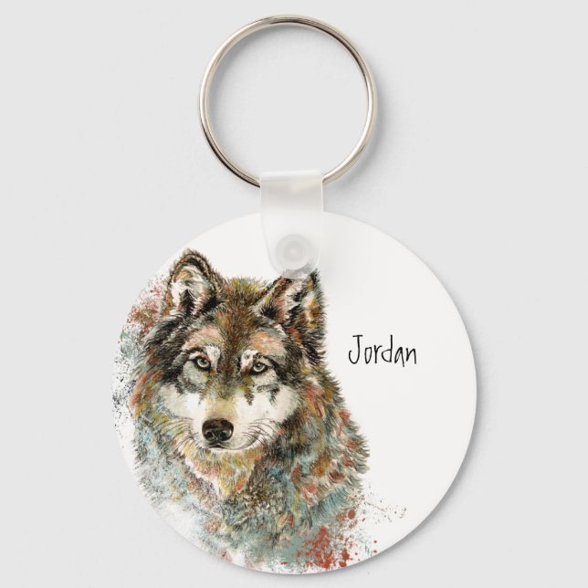 Custom Name Personalized Grey Wolf Key Ring (Front)