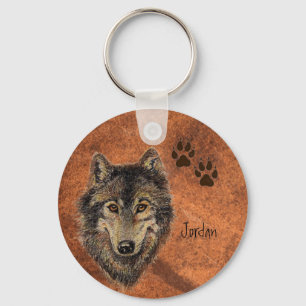Custom Name Personalized Wolf & Tracks Key Ring