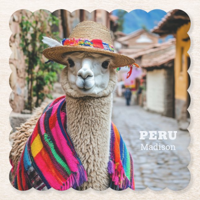 Custom Name Peru Llama Paper Coaster (Front)