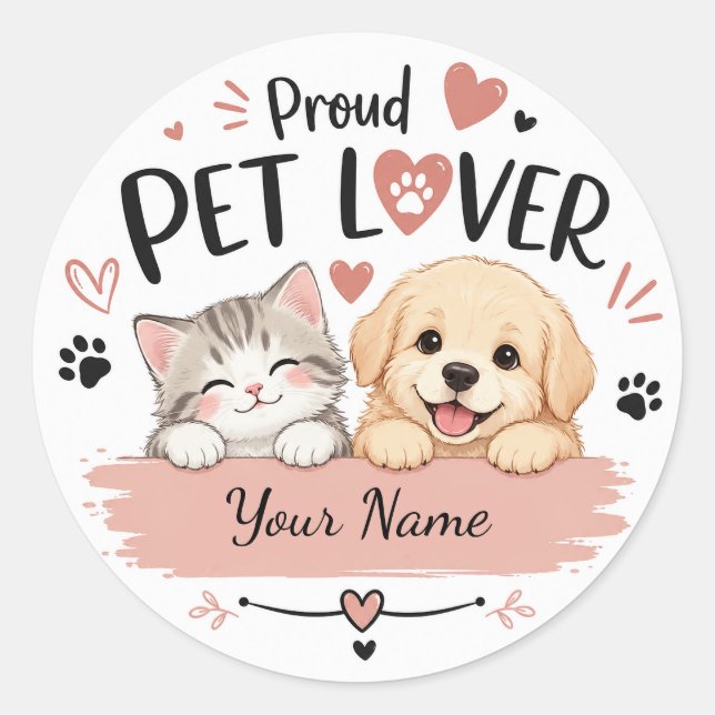 Custom Name Pet Lover Sticker with Cute Cat & Dog  (Front)