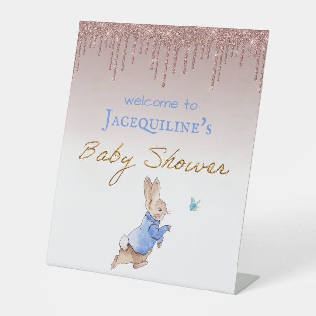 Custom Name Peter Baby Shower pink sparkles Pedestal Sign (Front)