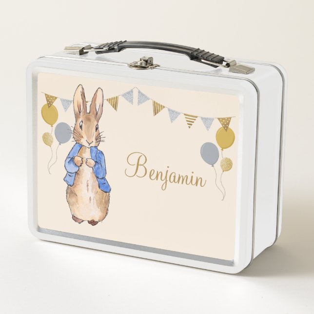 Custom Name Peter the rabbit beige background Metal Lunch Box (Front)