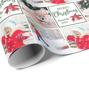Custom Name & Photo Collage Poinsettia Christmas Wrapping Paper