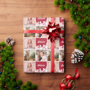 Custom Name & Photo Collage Red White Snowflake Wrapping Paper