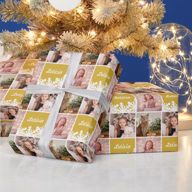 Custom Name Photo Collage Yellow White Snowflake Wrapping Paper (Holidays)