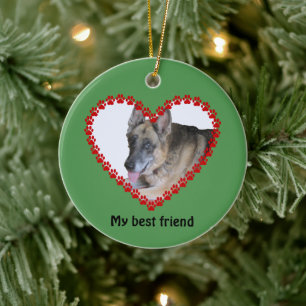 Custom name photo dog paw prints 2-sided ceramic tree decoration