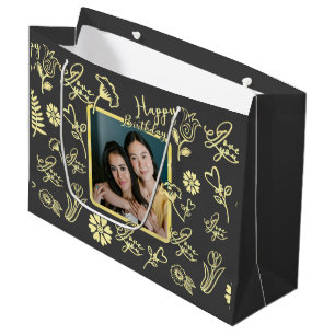 Custom Name Photo Floral Typography Birthday Large Gift Bag