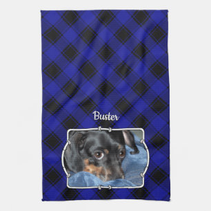 Custom Name Photo Frame Classic Blue & Black Plaid Tea Towel