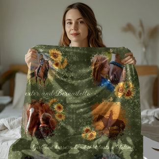 Custom Name Photo Green with Sunflower Accent Fleece Blanket