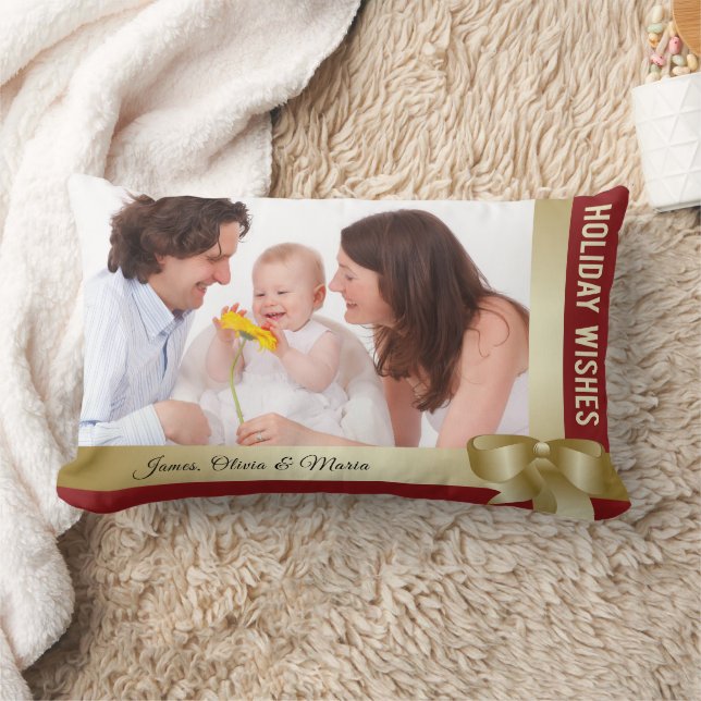 Custom Name & Photo Holiday Red, Gold Bow Lumbar Cushion (Blanket)