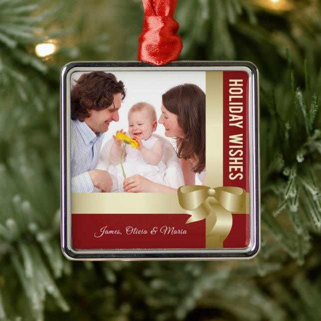 Custom Name & Photo Holiday Red, Gold Bow Metal Tree Decoration (Tree)