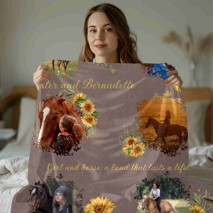 Custom Name Photo Horse Pet Brown with Sunflowers Fleece Blanket