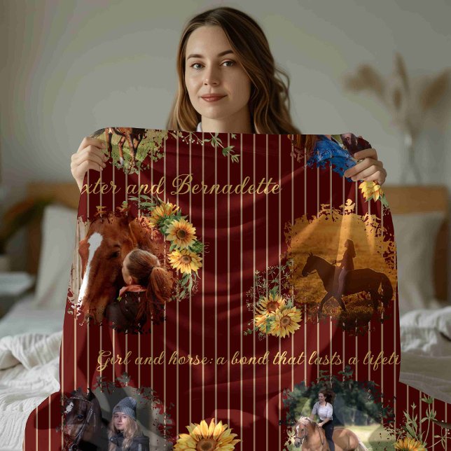 Custom Name Photo Horse Pet Burgundy Striped  Fleece Blanket (Creator Uploaded)