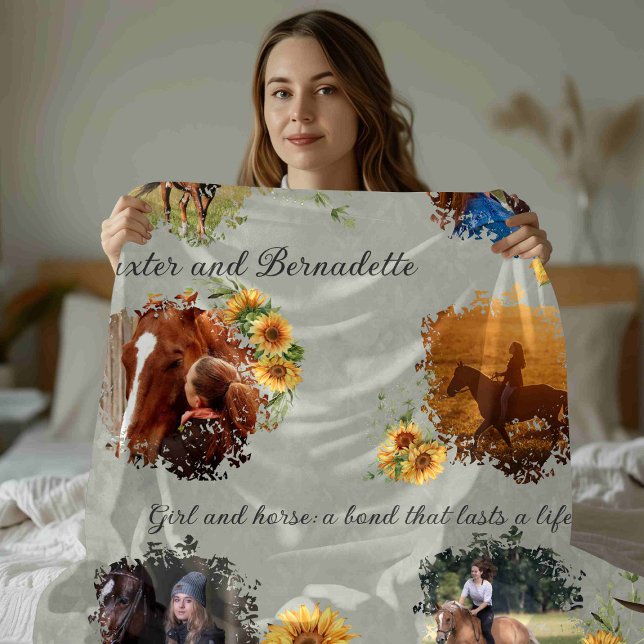 Custom Name Photo Horse Pet Grey with Sunflowers Fleece Blanket (Creator Uploaded)
