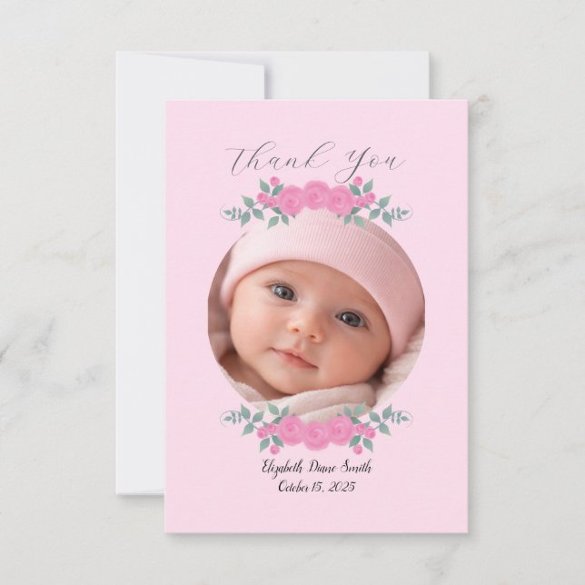 Custom Name Photo, Pink Roses Baby Thank you Card  (Front)