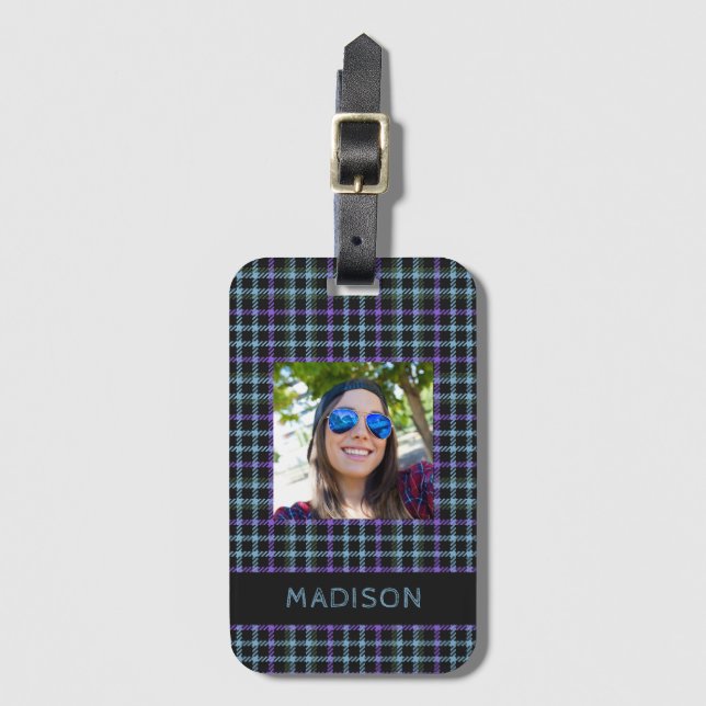 Custom Name & Photo Plaid / Tartan Pattern Luggage Tag (Front Vertical)