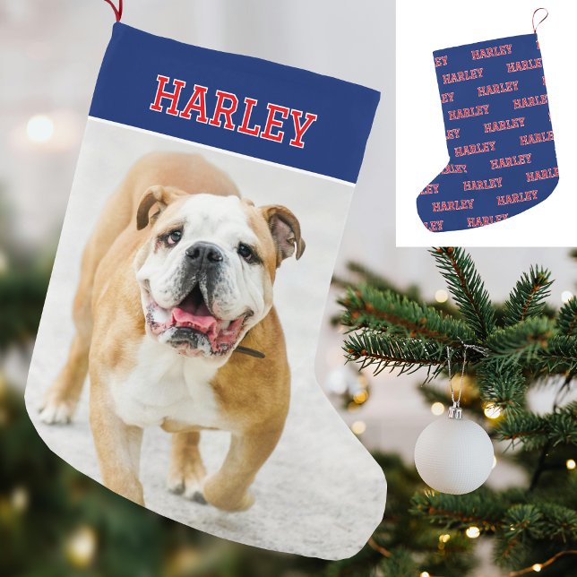 Custom Name Photo Retro Typography Navy Red Small Christmas Stocking (Creator Uploaded)