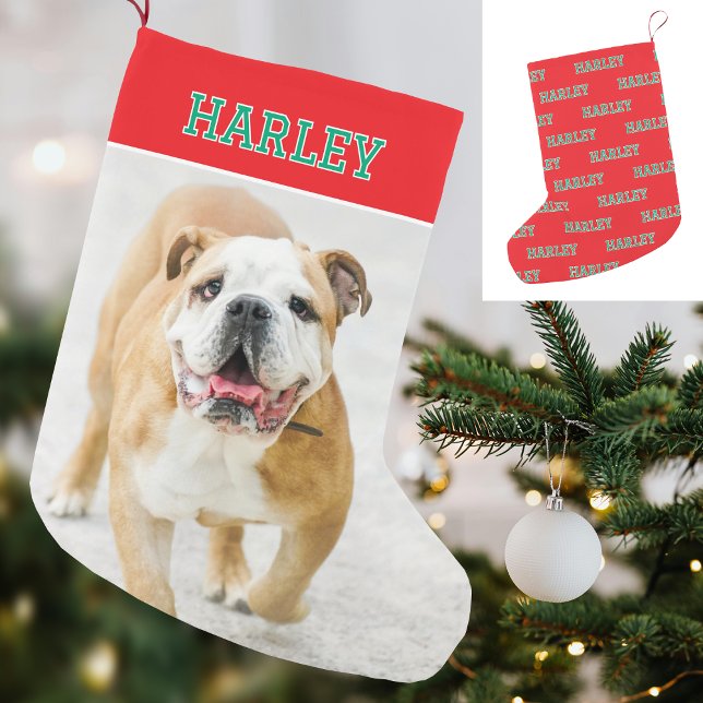 Custom Name Photo Retro Typography Red Green Small Christmas Stocking (Creator Uploaded)