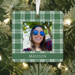 Custom Name, Photo & Text Plaid / Tartan Pattern Metal Tree Decoration
