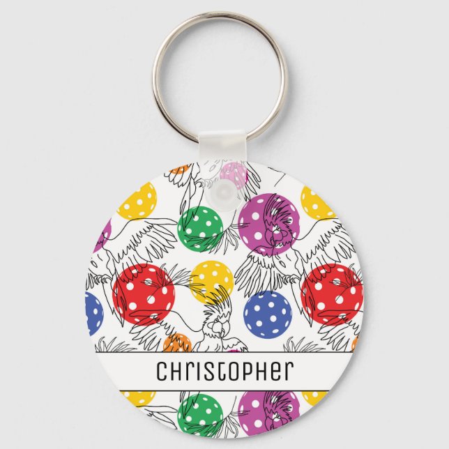 Custom name, Pickleball with 🦜parrots, white  Key Key Ring (Front)