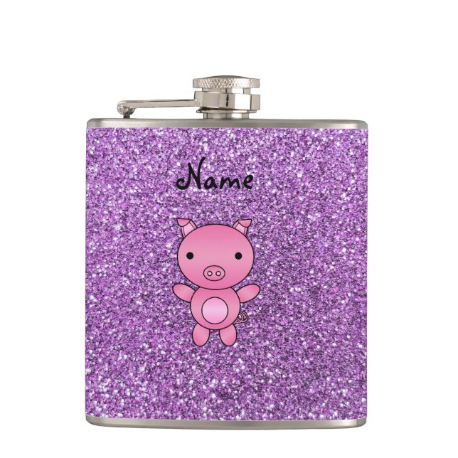 Custom name pig light purple glitter hip flask (Front)