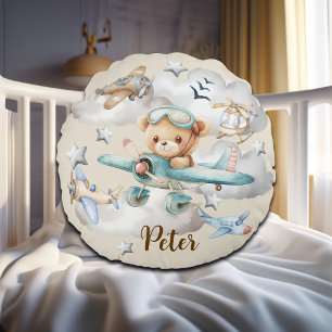 Custom Name Pilot Teddy Bear Round Cushion