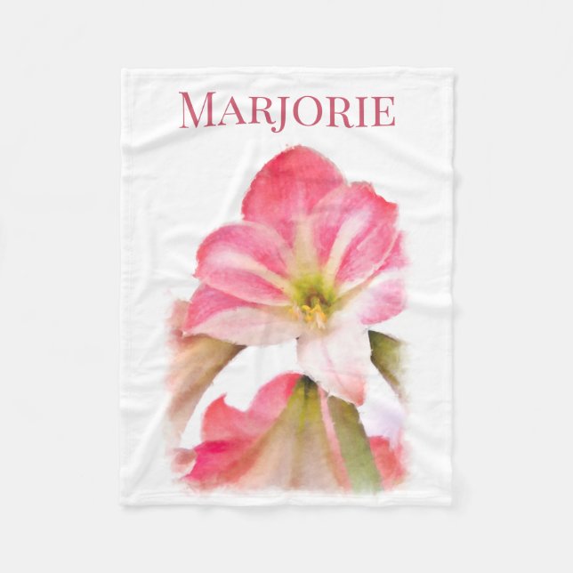 Custom Name Pink Amaryllis Flower Fleece Blanket (Front)