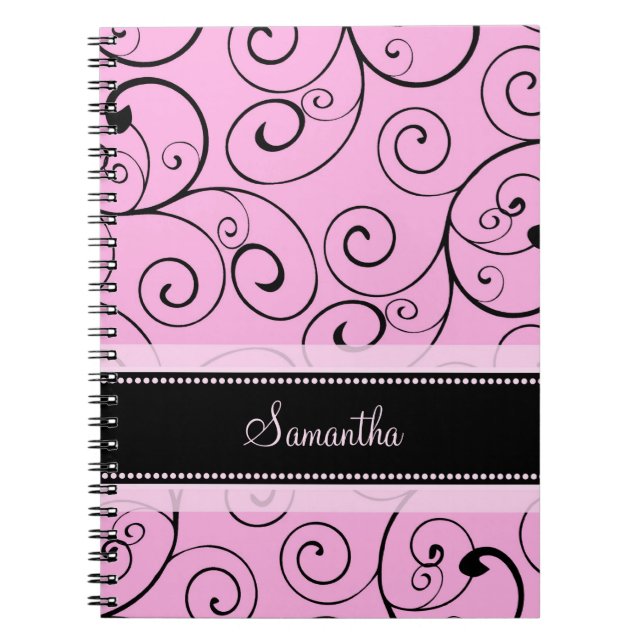 Custom Name Pink and Black Swirls Notebook (Front)