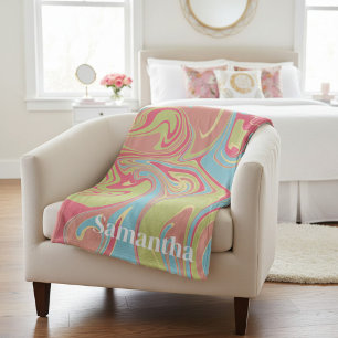 Custom Name Pink and Green Marble Fleece Blanket