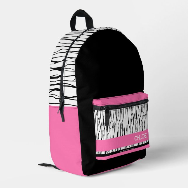 Custom Name Pink & Black Modern Backpack (Back Corner Left)