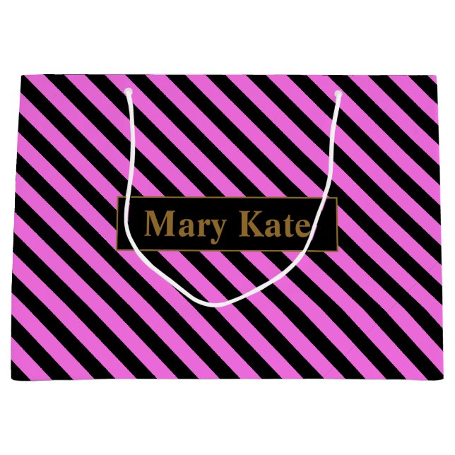 Custom Name Pink/Black Stripes Large Gift Bag (Front)