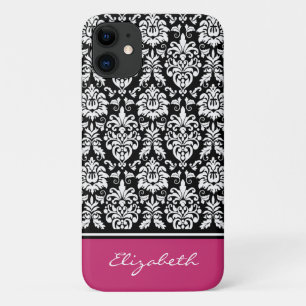 Custom Name Pink Black White Damask iPhone 11 Case