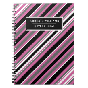 Custom Name Pink Black White Stripe Pattern Notebook