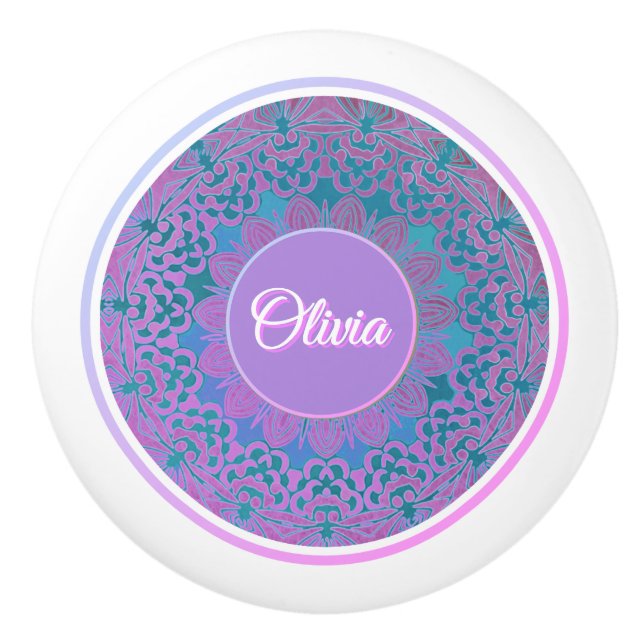 Custom Name Pink Blue Purple Teal Mandala Boho  Ceramic Knob (Front)