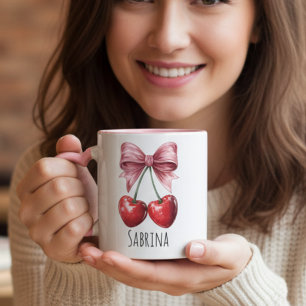 Custom Name Pink Bow Heart Cherries Mug