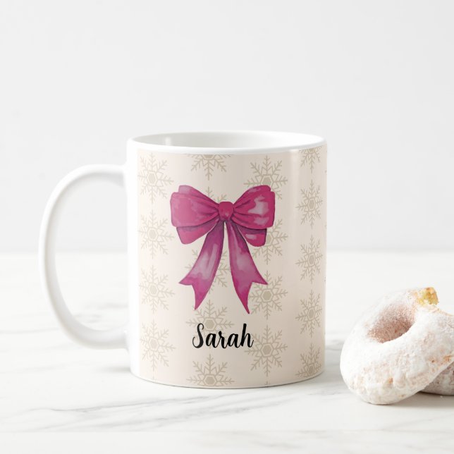 Custom Name Pink Bow Snowflake Pattern Coffee Mug (With Donut)