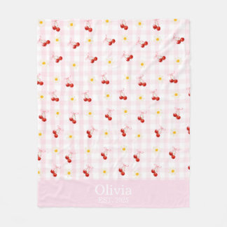 Custom Name Pink Bows and Cherries Girly Coquette Fleece Blanket