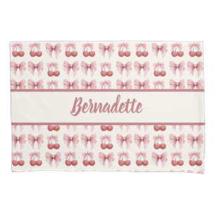 Custom Name Pink Bows and Cherries Girly Coquette Pillowcase