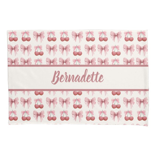 Custom Name Pink Bows and Cherries Girly Coquette Pillowcase (Front-Left)