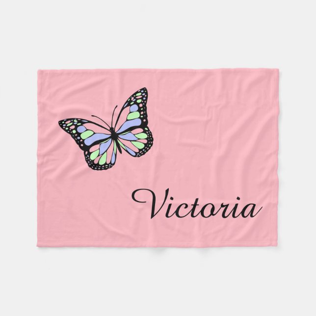 Custom Name Pink Butterfly Blanket (Front (Horizontal))