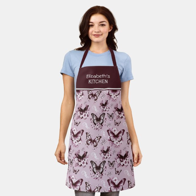 Custom Name Pink Butterfly Pattern Apron (Worn)