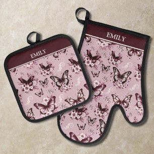 Custom Name Pink Butterfly Pattern Oven Mitt & Pot Holder Set