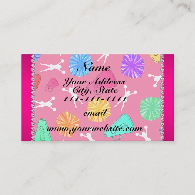 Custom name pink cheerleading pompoms business card (Front)