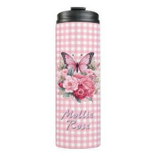 Custom Name Pink Chequerboard Flower Thermal Tumbler