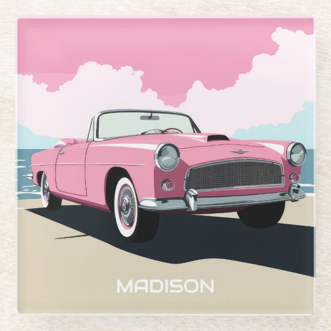 Custom Name Pink Classic Car Glass Coaster (Front)
