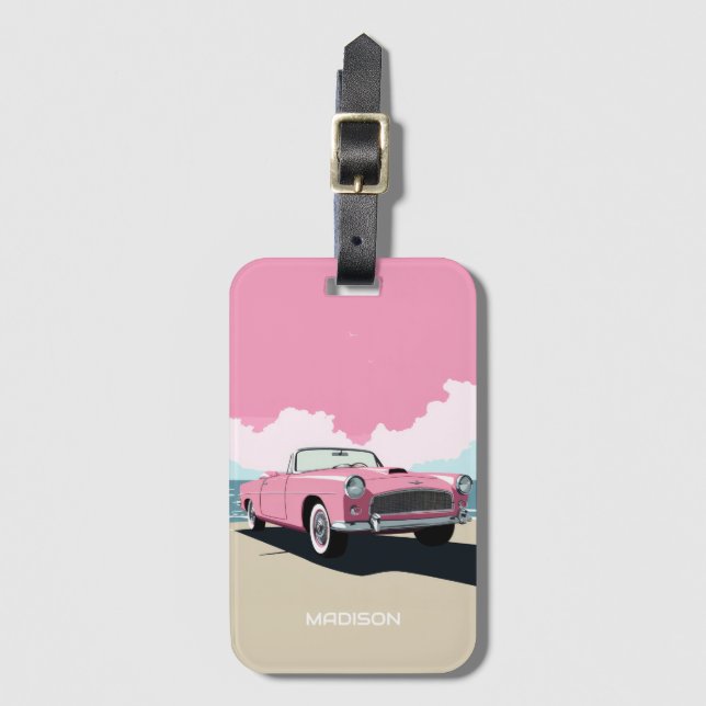Custom Name Pink Classic Car Luggage Tag (Front Vertical)