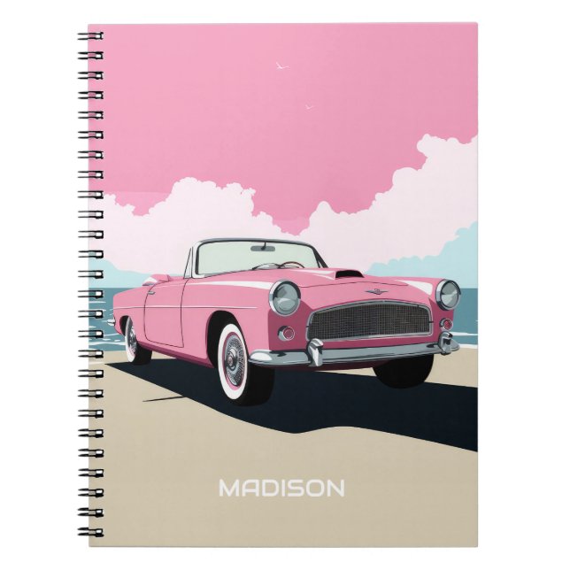 Custom Name Pink Classic Car Notebook (Front)